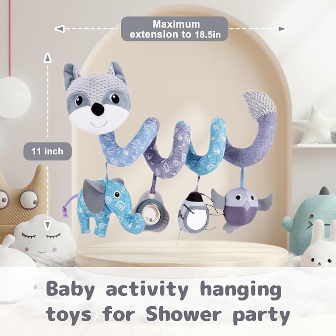 Koty Car Seat Toys, Infant Baby Spiral Plush Activity Hanging Toy for Stroller Bar Pram Crib with Music Box BB Squeaker & Rattles(Gray Fox)