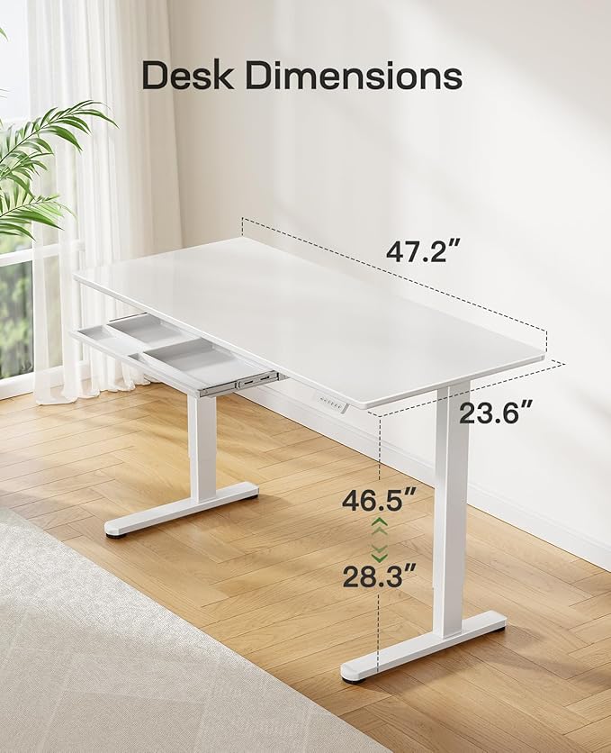 Marsail Glass Electric Standing Desk with Drawer, 48 x 24 Inches Height-Adjustable Desk, One-Piece Tempered Glass Top, Ergonomic Home Office Sit Stand Desk with 4 Preset Heights, White
