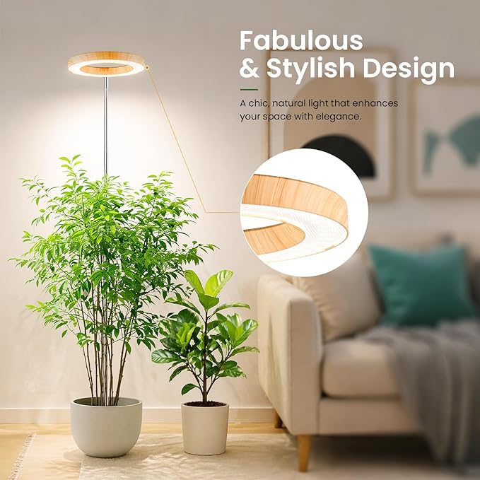 LBW Grow Lights for Indoor Plants, 6.3" Full Spectrum Plant Light with Base, 65" Height Adjustable Grow Lamp, 6/8/12/16H Auto Timer, 3 Colors, 5 Dimmable Levels, for Tall Large Plants, Bamboo Grain