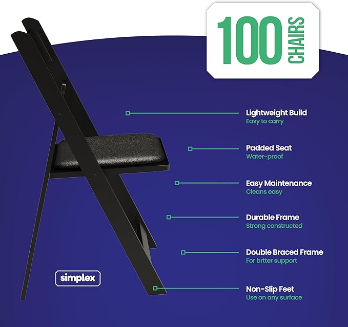 100 Black Resin Stackable Folding Chair - Comfortable Black Foldable Chair - Folding Chairs with Padded Seats - Indoor/Outdoor Folding Chairs for Events - Lightweight Foldable Chairs (100 Pack)