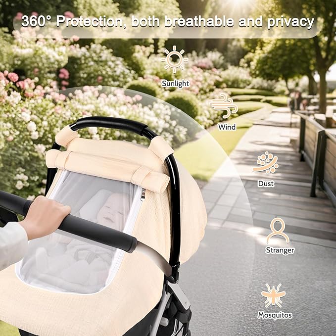 Hooyax Muslin Car Seat Cover Baby - Breathable and Privacy Car Seat Canopy with 3 Modes - Easy Install & Gift Box Packaging, Universal Fit for Infant Car Seats, Apricot