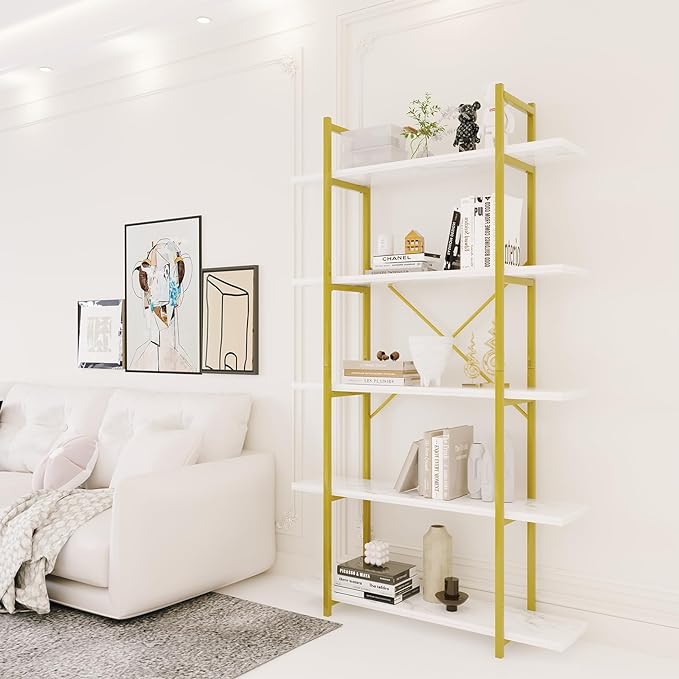 5 Tiers Bookshelf Organizer White Faux Marble Shelf,Modern Open Display Storage Bookcase, and Metal Bookshelf Standing Storage Shelf Tall Shelving Units for Home Office Study
