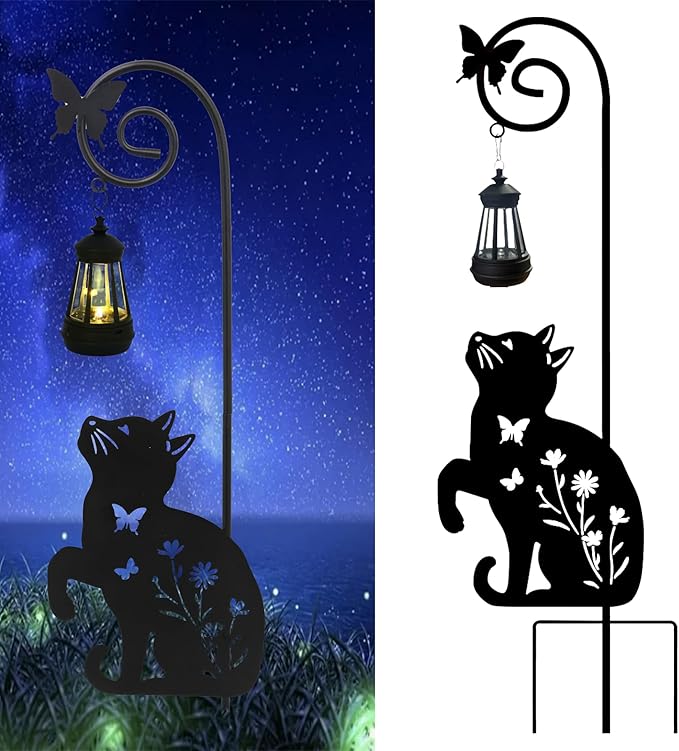 Solar Cat Lantern Garden Stakes - Outdoor Decorative Solar Lights for Yard, Patio, Pathway - Weatherproof Metal Cat Stake with Auto Night Lighting
