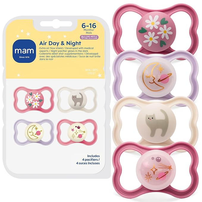 MAM Air Pacifier for Babies 6-16 Months, Extra Air Flow for Sensitive Skin, Glows in The Dark, Developed with Medical Experts, BPA-Free Skin Soft Silicone, 4 Count, Made in Europe