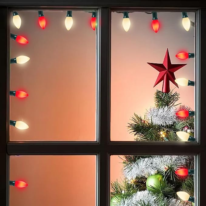 C7 LED Red and White Christmas Lights, 25Ft Outdoor Christmas Decorations Light with 27 Shatterproof LED Bulbs, Hanging Vintage Christmas Lights for Christmas Tree Roofline Holiday Party Backyard