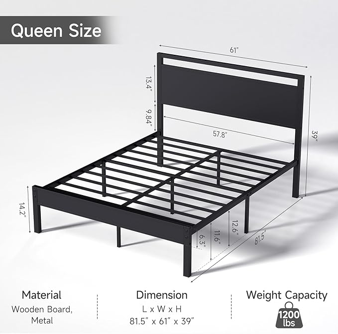 Z-hom Queen Bed Frame with Modern Wood Headboard & Footboard, Upgraded Heavy Duty Metal Sturdy Bed Frame Queen Size, Stable Platform Bed Furniture Bed Storage, No Noise, No Box Springs, Black