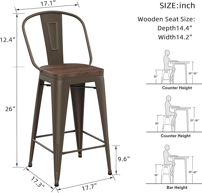 Yongqiang 26 inch Bar Stools Set of 4 Kitchen Counter Height Bar Chairs High Back Metal Barstools with Large Wooden Seat Industrial Rusty