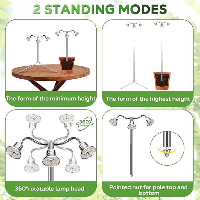 Full Spectrum Grow Lights for Indoor Plants 15-62 Inches Height Adjustable Aluminum Alloy Plant Growing Lamps with Detachable Tripod Stand, Auto On/Off Timer (Full Spectrum, Three Heads)