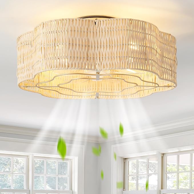 Caged Ceiling Fan with Lights, Flush Mount 20" Boho Ceiling Fans with Lights Remote Control, Low Profile Rattan Bladeless with 6 Speeds for Bedroom, Nursery, Kitchen