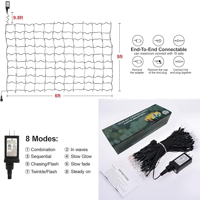 Neoclassy 120Led Christmas Net Lights Outdoor 5ft x 6ft Connectable, 8 Modes Waterproof Black Wire 29V Plug in Mesh Net Christmas Lights for Garden, Yard, Bushes, Trunk, Xmas Tree Decor (Green)