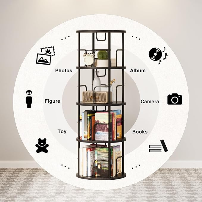 4 Tier Rotating Bookshelf, 360 Display Spinning Corner Bookshelf, Space-Saving Metal Frame Bookcase for Living Room, Office, Bedroom, Black