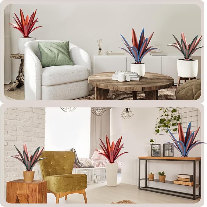Large Tequila Rustic Sculpture, Rustic Metal Agave Plants for Outdoor Patio Yard Mexican Plant Garden， Agave Outdoor Lawn Ornaments Yard Stakes (Red 2pc)