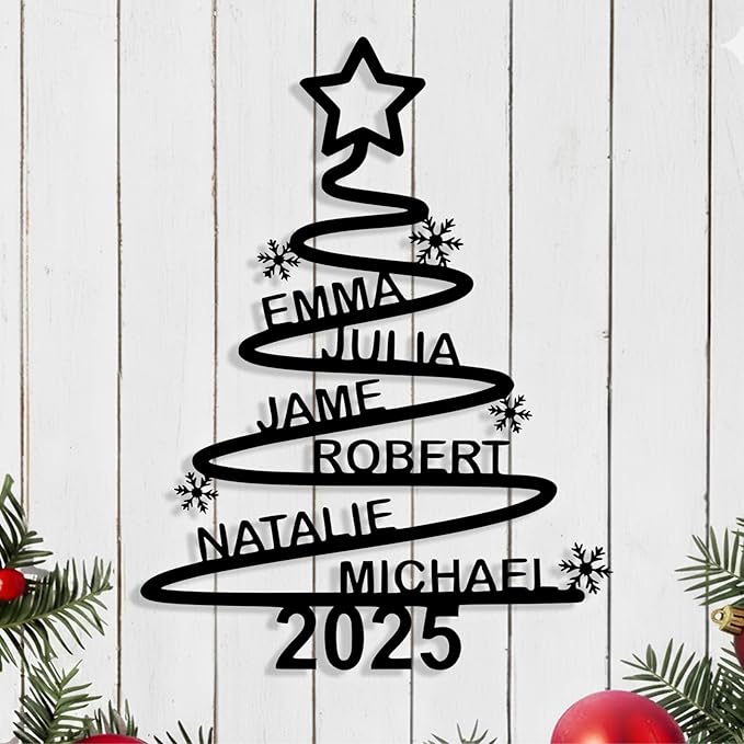 Personalized Christmas Tree Metal Sign, Custom Signs Outdoor Metal Wall Decor, Merry Christmas Tree Signs Wall Decoration for Home Living Room, Bedroom, Office, Garden, Porch