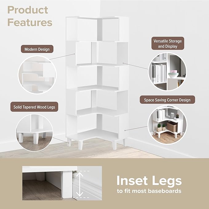 Prepac Nordik 6-Tier White Modern Mid Century Corner Bookcase, 71.5" Extra Tall White Corner Shelf with Storage, Multifunctional Freestanding Bookshelf for Home Office, Living Room, Bedroom