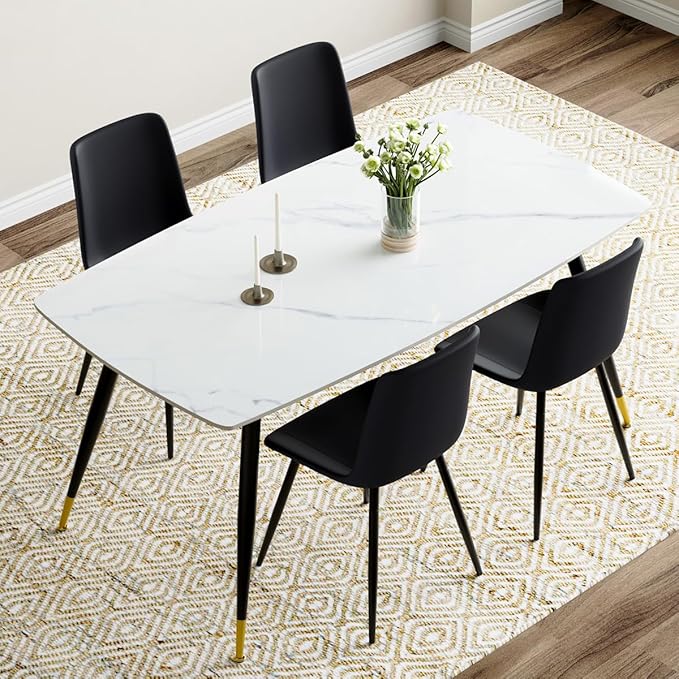 White Dining Table Set for 4, Sintered Stone Dining Room Sets for 4, Easy to Assemble