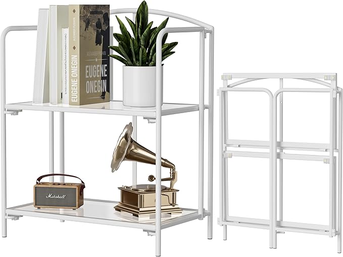 Crofy No Assembly Folding Bookshelf for Living Room, 2 Tier White Collapsible Book Shelf for Home Office, Portable Bookcase Storage Organizer