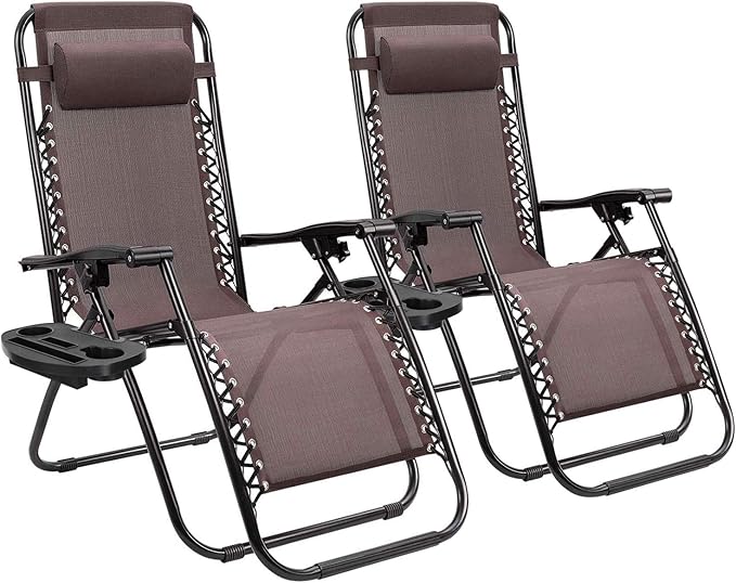 Homall Zero Gravity Patio Folding Lawn Chairs Outdoor Gravity Camp Reclining Lounge Chair with Pillows for Poolside Backyard and Beach Set of 2 (Brown)