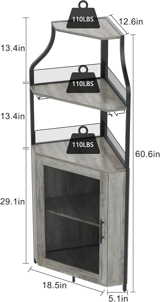 GarveeHome Corner Wine Cabinet with Detachable Wine Rack, 5-Tier Industrial Corner Bar Cabinet with Barn Door and Glass Holder, Farmhouse Buffet Cabinet and Home Bar, Grey