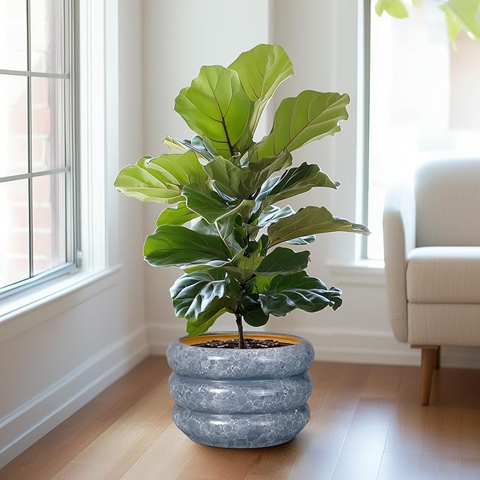 SQOWL Ceramic Planter 13.5 Inch - Large Plant Pot Indoor with Drainage Hole Outdoor Planter Round Flower Pot Modern Decorative Plant Pot for Home Office Decor Gray