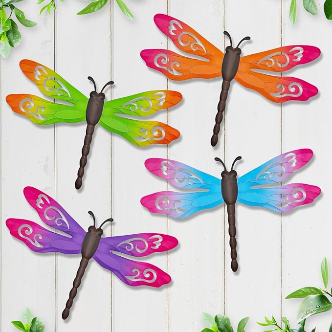 Metal Dragonfly Wall Decor, 4 Pack 14inch Metal Dragonfly Wall Hanging Sculpture Decor for Outdoor, Yard Patio Fence Garden Outside Decorations