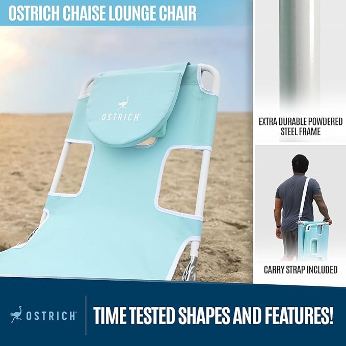 Ostrich 72 by 22 Inch Versatile Chaise Lounge Portable Reclining Lounger, Outdoor Patio, Beach, Lawn, Camping, or Pool Tanning Chair, Aqua