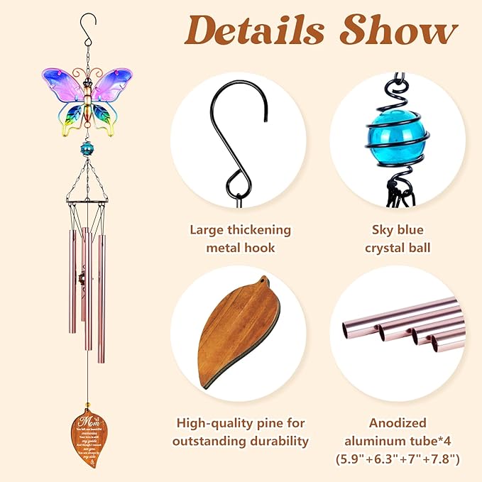Butterfly Sympathy Wind Chimes for Loss of Mom,Memorial Gifts for Loss of Mom,Loss of Mother Sympathy Gifts,Bereavement Gift Ideas,Windchimes Outdoors