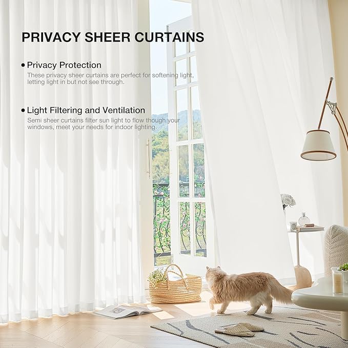 Anmao Non-See-Through Off White Privacy Semi Sheer Curtains for Living Room 54 Inch Length 2 Panels Set, Light Filtering That Let Light in Rod Pocket Window Drapes for Bedroom, 40W x 54L, Ivory White