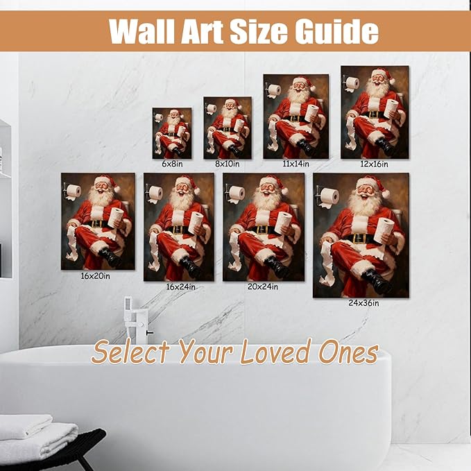 Comical Santa Claus Christmas Canvas Wall Art - Humorous Office & Bathroom Framed Print Ready to Hang, Playful Christmas Gifts for Family, Whimsical Winter Decor & Entertaining Christmas Decorations