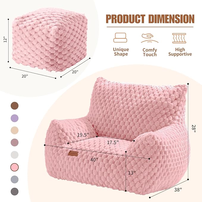 Bedroom Bean Bags Chair with Foot Stool, Comfy Reading Chair with Filler, Soft Faux Fur Pink Bean Bag Chair Lazy Beanbag Chairs for Adults, Gaming Bean Bag Chair