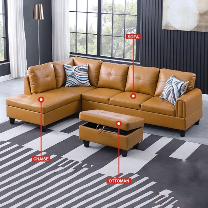 Ginger L-Shaped 3-Piece Faux Leather Sofa with Storage Ottoman Set, Sectional Couch Sofa Set for Living Room, Office, Small Space