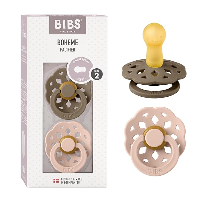 BIBS Pacifiers - Boheme Collection | BPA-Free Baby Pacifier | Made in Denmark | Set of 2 Dark Oak/Blush Color Premium Soothers | Size 6-18 Months