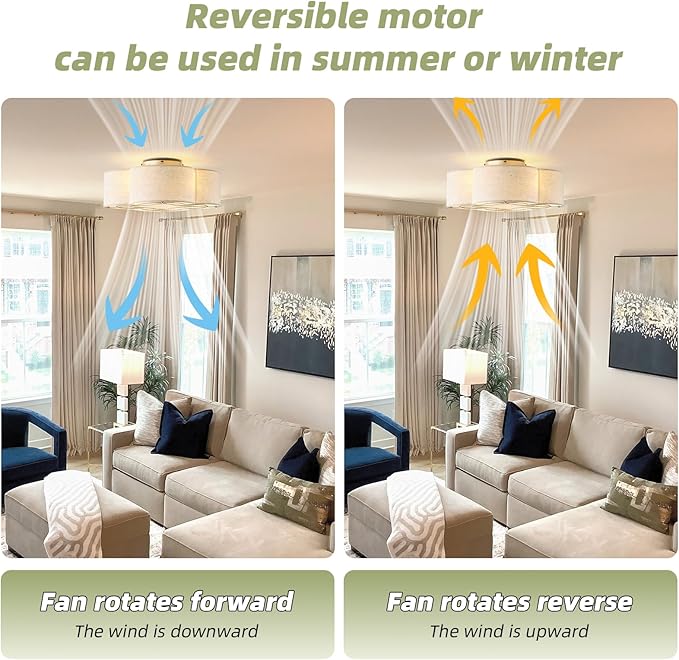 20" Boho Ceiling Fan with Light, Rattan Caged Flush Mount Ceiling Fan with Light Remote Control, Enclosed with 6 Speeds for Bedroom, Living Room, Foyer, Nursery (Beige)