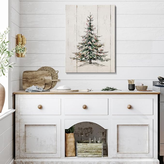 Retro Christmas Tree Canvas Wall Art - Vintage Pine Forest Framed Canvas Prints for Farmhouse Living Room, Rustic Christmas Wall Decor, Cozy Winter Decor & Ideal Christmas Gifts