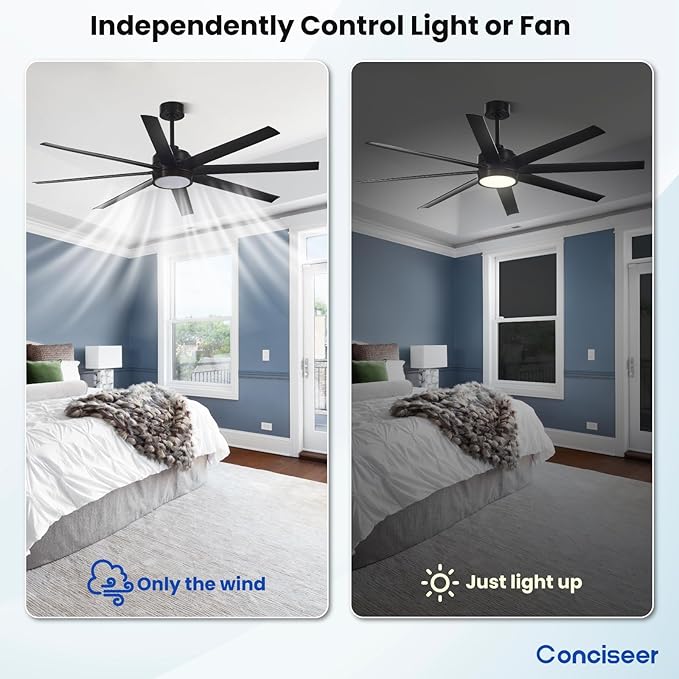 Modern Ceiling Fans with Lights, 65 Inch Ceiling Fan with Light and Remote for Bedroom Living Room Kitchen Office, Indoor/Outdoor Use, 24W 3CCT 8 Blades 6 Speed Reversible Quiet DC Motor, Black