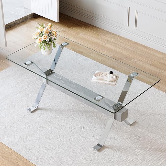 Glass Dining Table 71"｜Modern Dining Table for 6-8｜0.4" Thick Tempered Glass Top｜Chrome Silver Metal Legs｜Grey Crossbar｜Easy Assembly｜Perfect for Dining Room or Kitchen