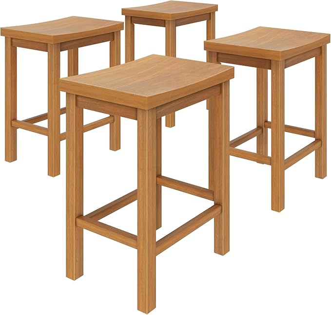 Grain & Grove Smith Collection Set of 4 Solid Wood Counter Height Bar Stools, 24-Inch Saddle Seat Backless Stools, Ideal for Kitchen Island, Dining, or Home Bar Seating, Pecan