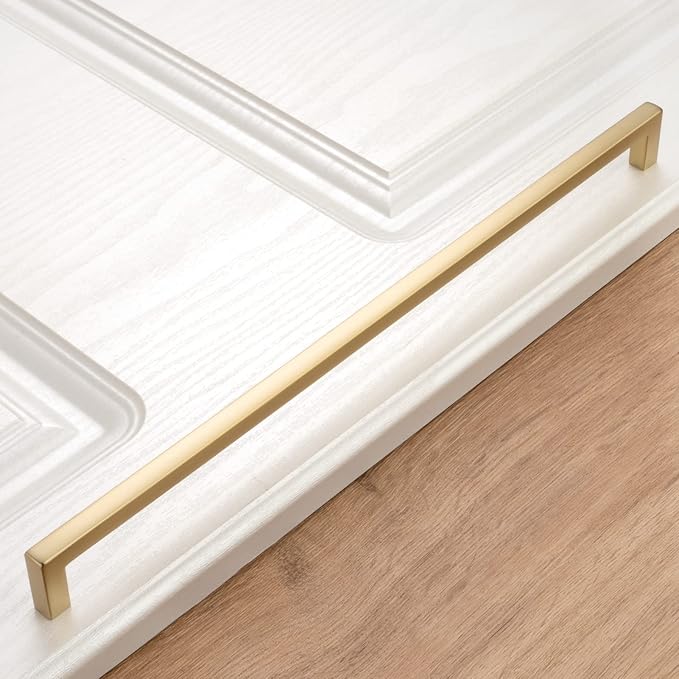 KOOFIZO Solid Square Bar Cabinet Handle - Brushed Gold Furniture Pull, 12.6 Inch/320mm Screwhole Distance, 1-Piece for Kitchen Cupboard Door, Bedroom Dresser Drawer, Bathroom Wardrobe Hardware