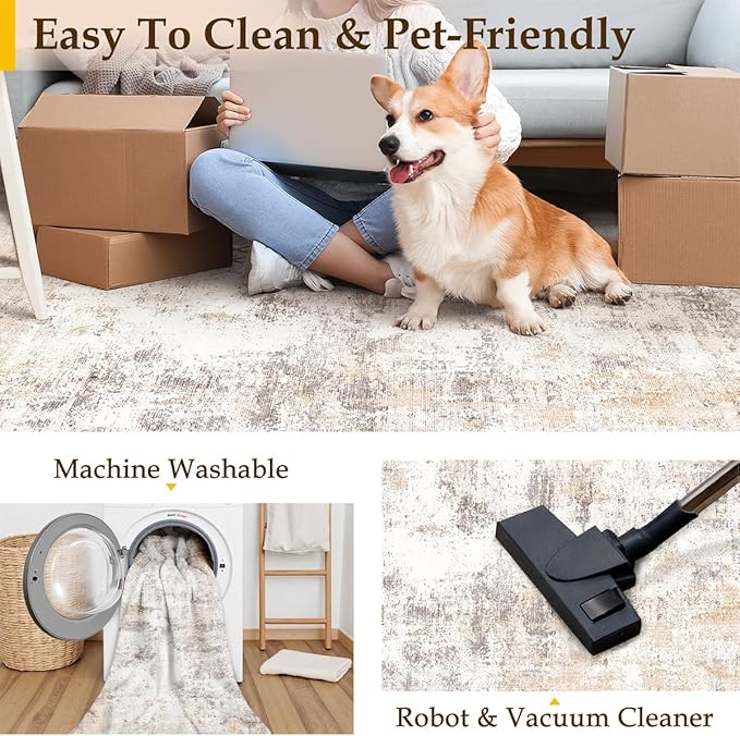 3x7 Washable Runner Rug Beige Grey Neutral Abstract Hallway Kitchen Living Room Bedroom Non Slip Throw Rug Soft Low Pile Indoor Carpet for Entrance Laundry Bathroom