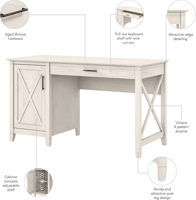 Bush Furniture Key West Computer Desk with Storage, Farmhouse PC Table for Home Office in Linen White Oak, 54W x 24D