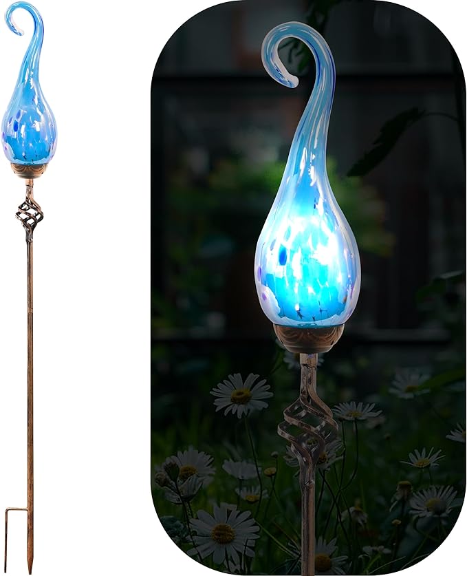 Garden Solar Lights Outdoor, Decorative LED Pearlized Glass Spiral Garden Stake with Finial, Hand Blown Glass and Metal Outdoor Decoration, 3 x 36 Inch (Light Blue)