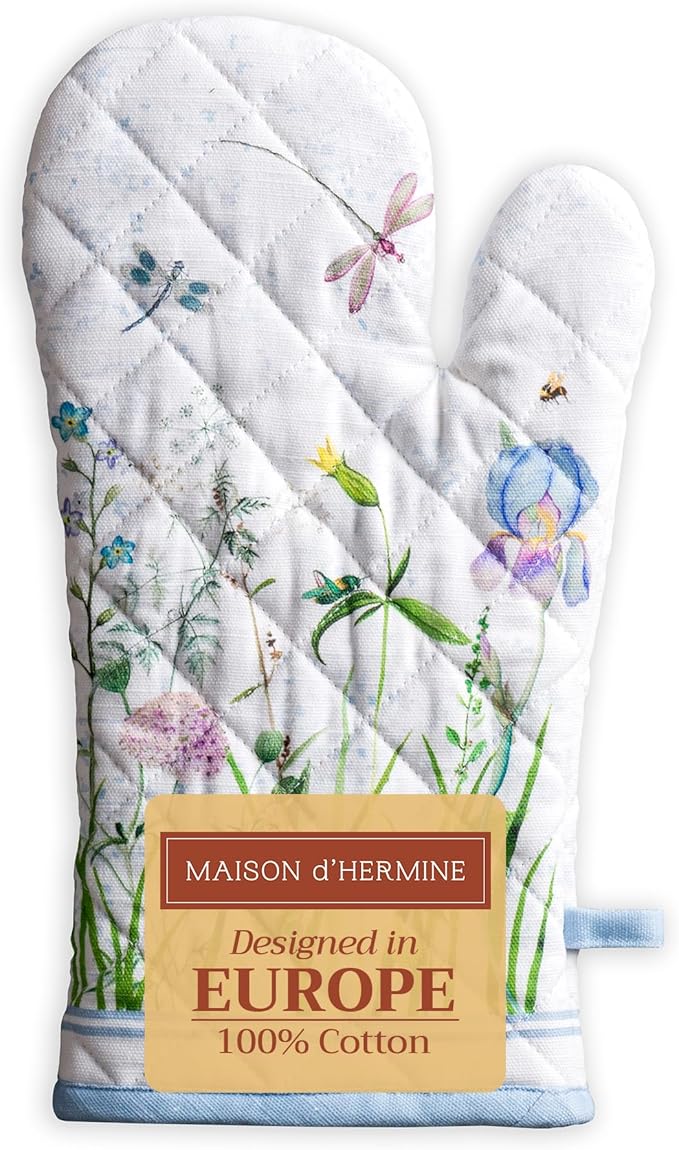 Maison d' Hermine Oven Gloves 100% Cotton Oven Mitt 7" x 13" with Loop Heat Resistant, BBQ, Cooking Gloves, Baking, Grilling, Kitchen, Handling Hot Pans Spring/Summer (Pack of 1, Fleurs De Mai)
