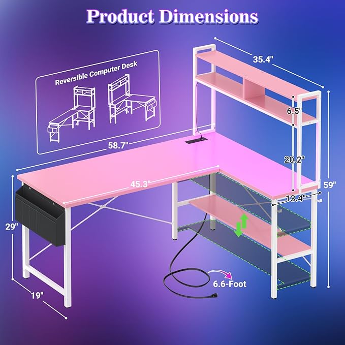 Aheaplus L Shaped Desk Gaming Desk, 59" L Shaped Computer Desk with LED Light & Power Outlet, Reversible Home Office Desk Gamer Desks with Shelves & Storage Bag & Hooks, Corner PC Desk, Pink