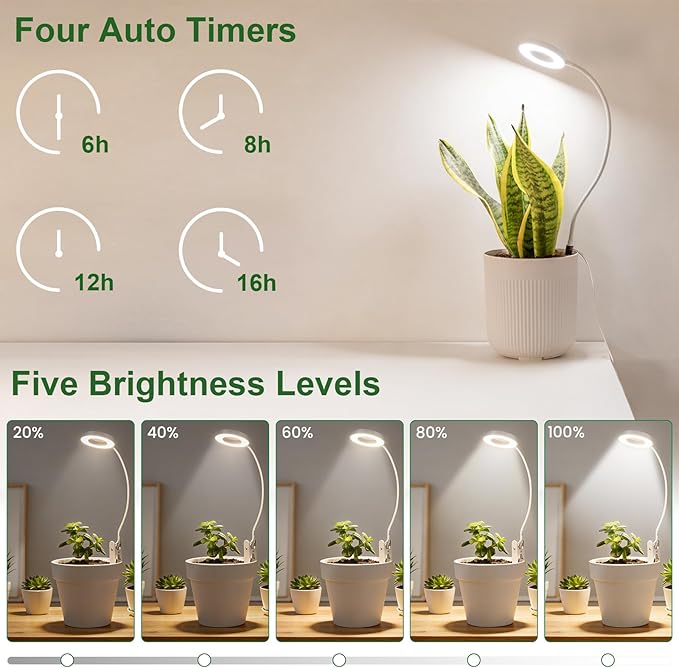 LORDEM Grow Lights for Indoor Plants, 2 in 1 Full Spectrum Plant Light with 360° Gooseneck, 48 LEDs, Auto Timer 6/8/12/16H, 3 Lighting Modes,5 Brightness Levels for Small Plants, 1 Pack White