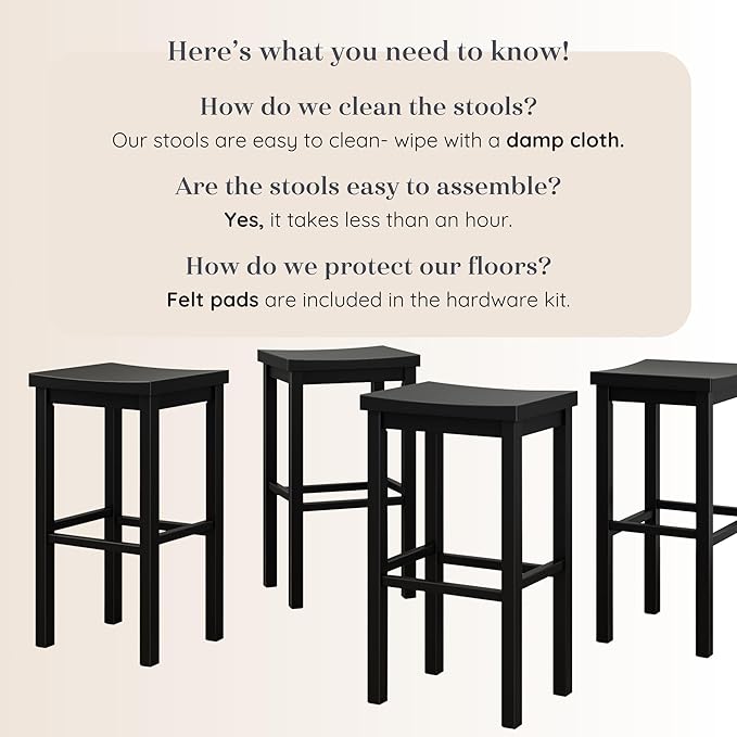 Grain & Grove Smith Collection Set of 4 Solid Wood Bar Stools, 30 inch Saddle-Seat Bar Chairs, Backless, Heavy-Duty Construction, Footrest Support, for Kitchen Islands, Home Bars, and Counters, Black