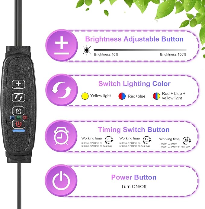 Black 2-Tube Clip-On Grow Light with Red/Blue/Yellow LEDs, Full Spectrum, 6/12/16H Timer, 3 Modes & 10 Dimmable Levels, for Indoor Plants (8W) (2 Pack)