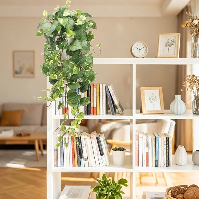 CEWOR Fake Plants Artificial Plants Indoor Faux Plant for Home Decor Silk Realistic Hanging Plants Potted Aesthetic Fake Pothos for Shelves Office Bedroom Bathroom Decor (Green)