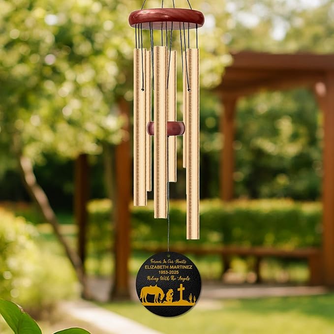 Personalized Cowboy Memorial Wind Chime – “Riding with The Angels” Custom Name & Years – Western Horse & Cross Design – Outdoor Sympathy Gift for Loss of Loved One – in Loving Memory Windchime