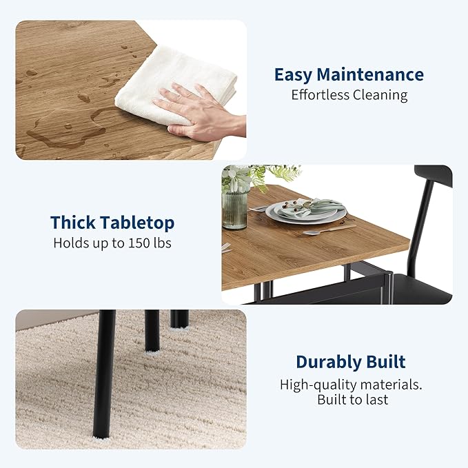 IDEALHOUSE 3 Piece Dining Room Table Set, Kitchen Table Set for 2 with Brown Wooden Grain Kitchen Table and 2 PU Upholstered Metal Chairs, Dining Room Set for Small Space,Home Dinner(2 Black Chairs)