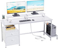 Furologee 55" Computer Desk with File Cabinet and Power Outlets, Home Office Desk with 2 Monitor Stands and Storage Drawer, Writing Gaming Table with Shelves and 2 Hooks for Bedroom, White