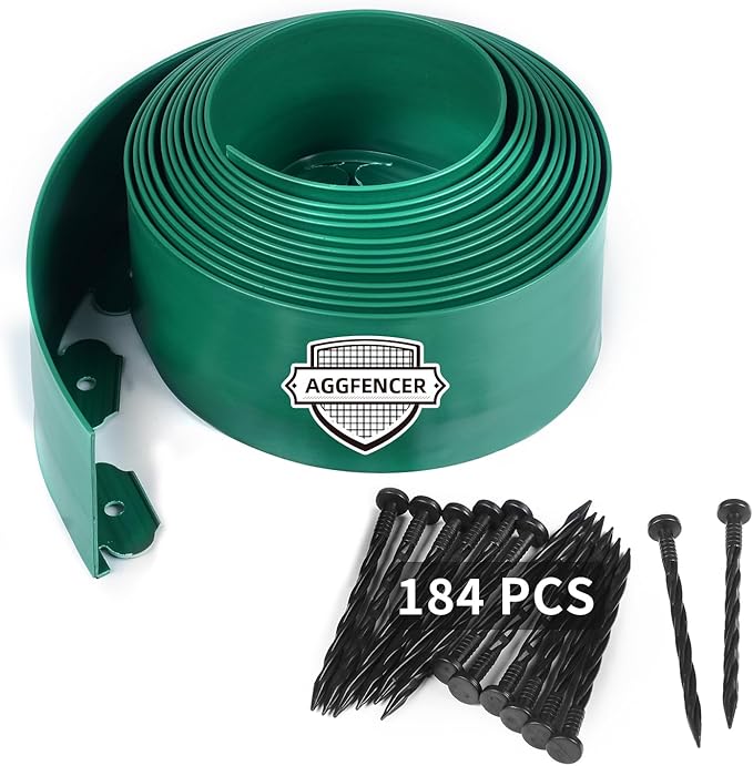 4 in x 100 Ft Garden Landscape Edging, No Dig Garden Edging Border Kit with 184 Pcs Spikes for Flower Bed Lawn Yard Grass Green